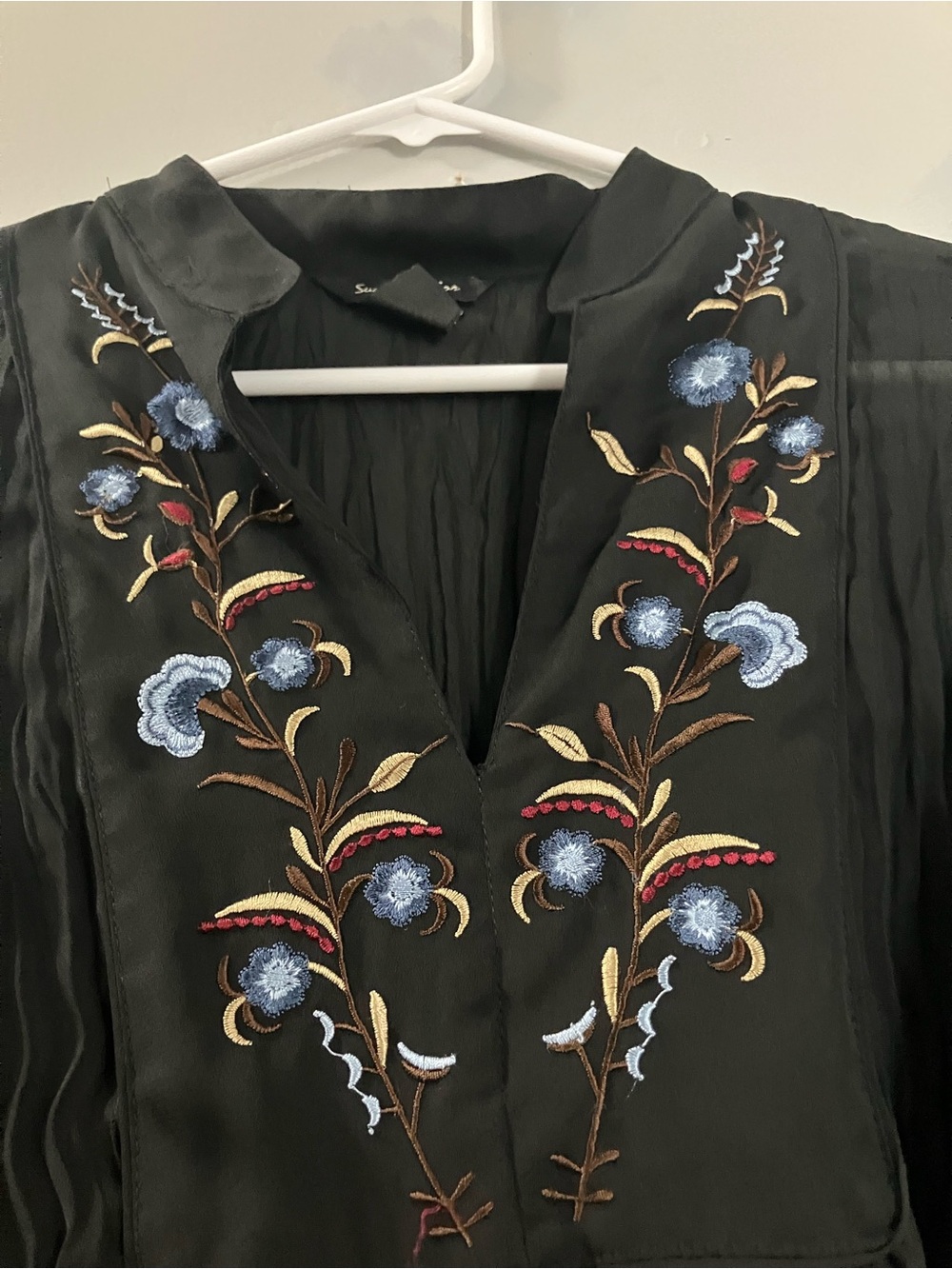 Allison Taylor Black Embroidered V-Neck Blouse with Blue Floral Accents - Picture 6 of 7